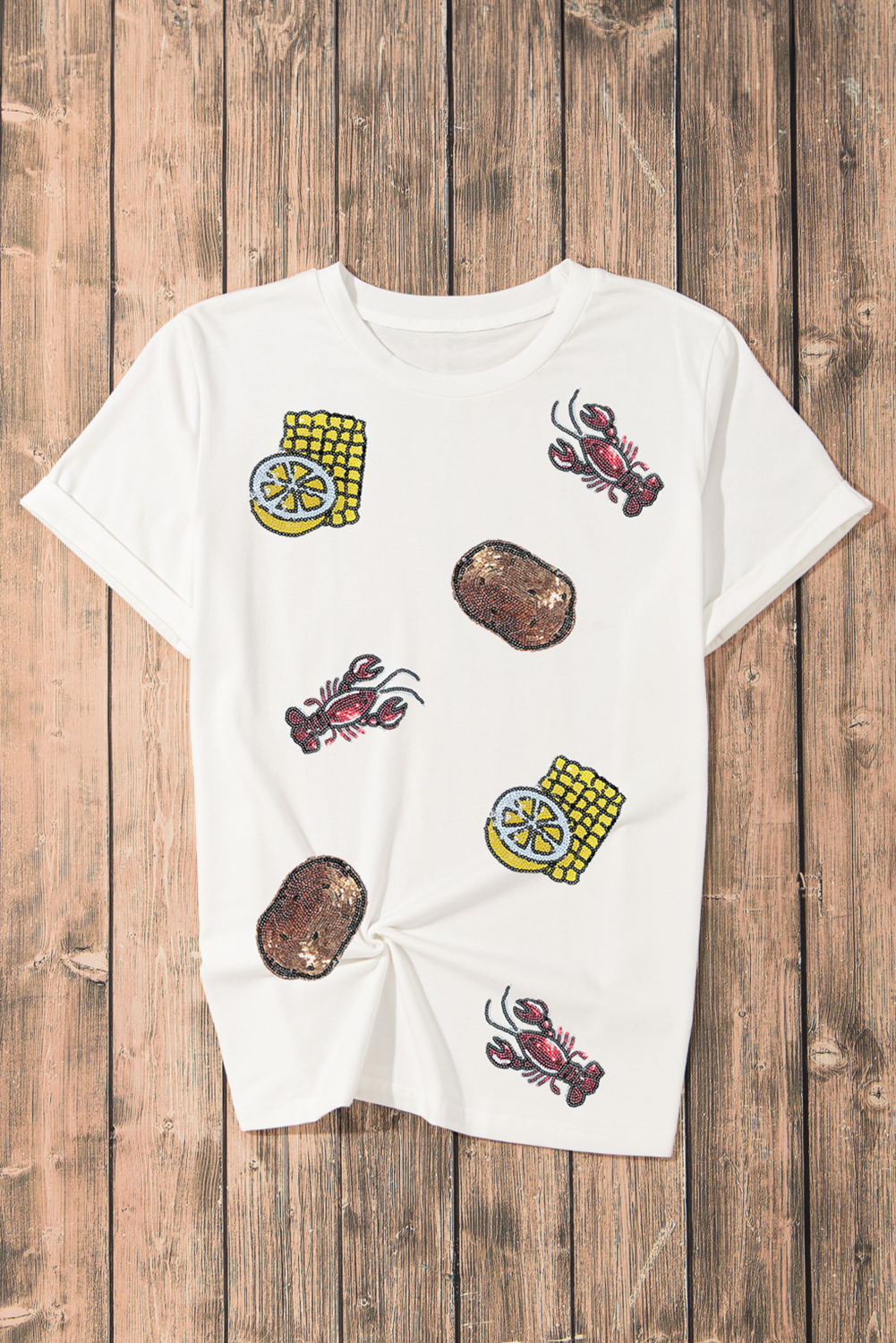 White Sequin Crawfish Potato Lemon Corn Graphic Crewneck T Shirt