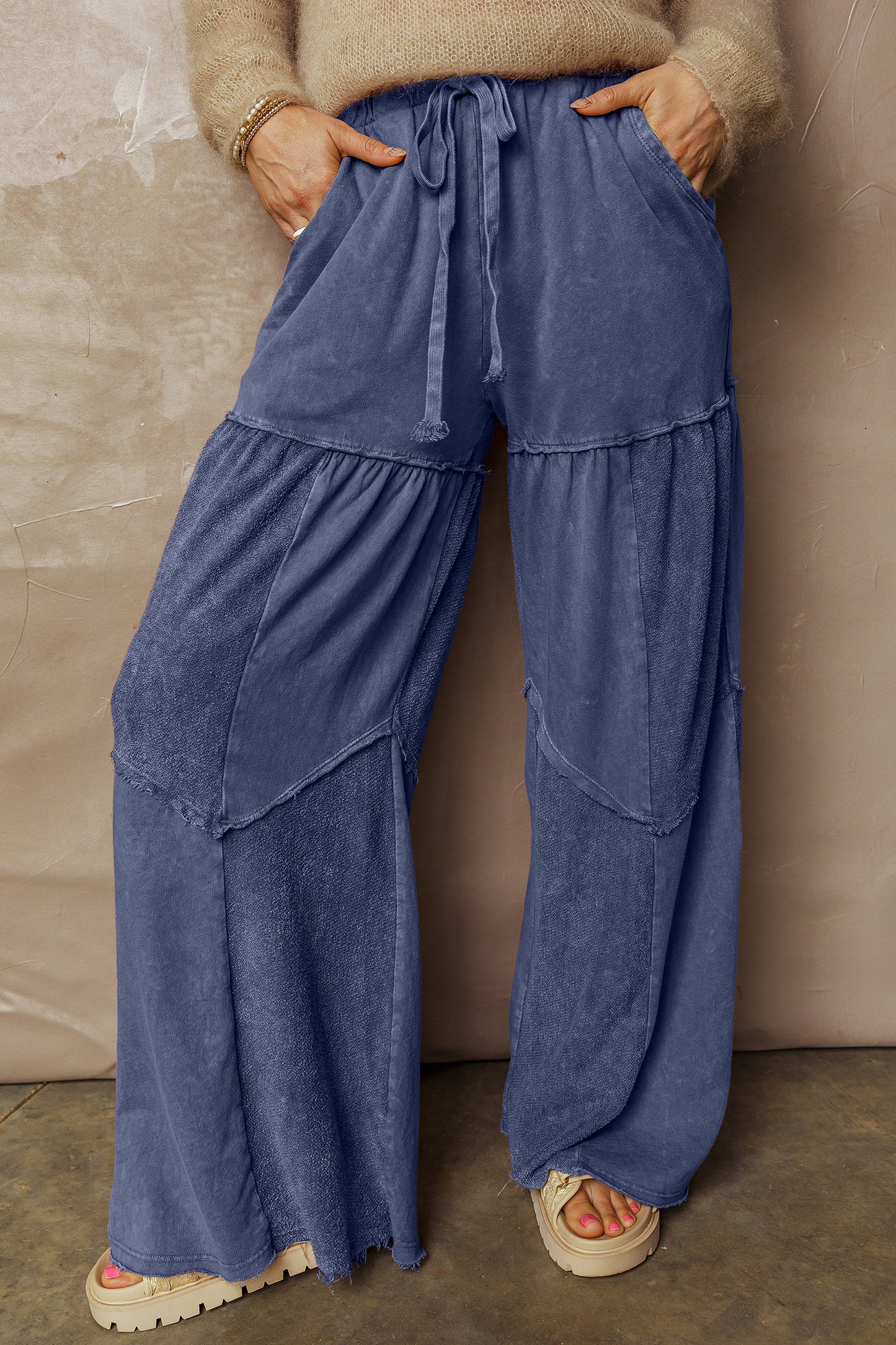 Ashleigh Blue Careys Mineral Wash Tiered Wide Leg Patchwork Drawstring Pants