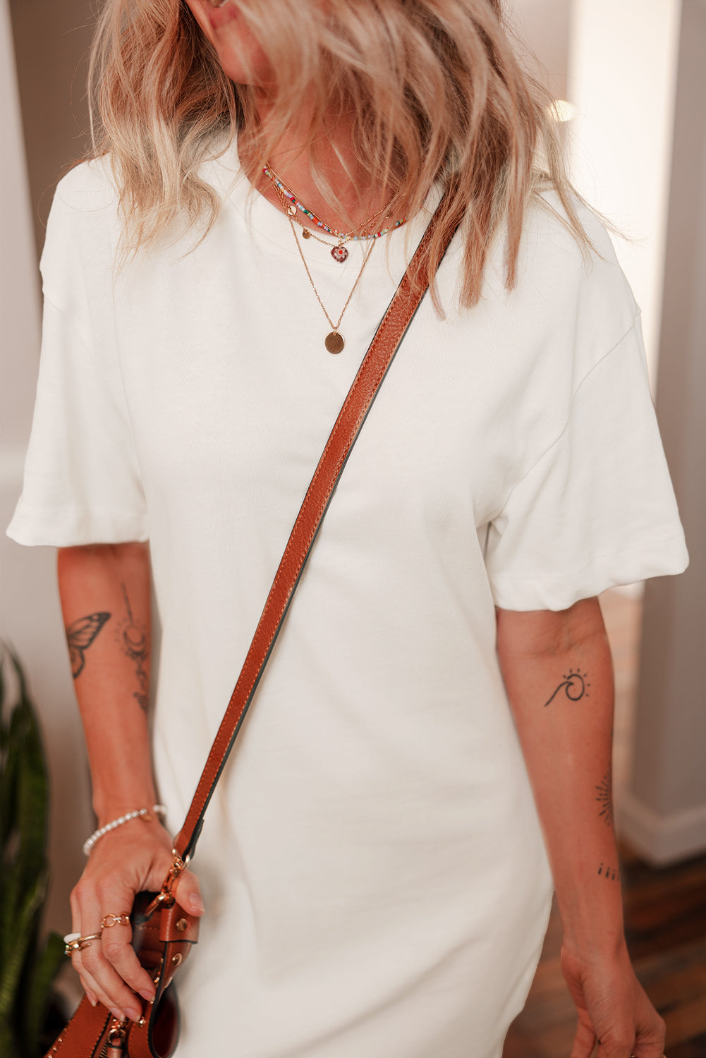 White Drop Shoulder Crew Neck Shift T Shirt Dress