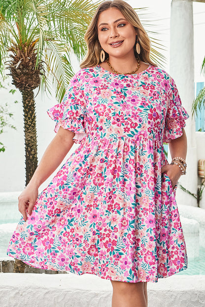 White Plus Size Floral Print Frilled Short Sleeve Flare Dress