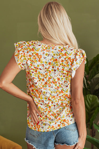 Green Floral Print Ruffled Sleeveless V Neck Tank Top