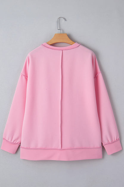 Pink Horizontal Ribbed Exposed Seam Detail Drop Shoulder Baggy Pullover
