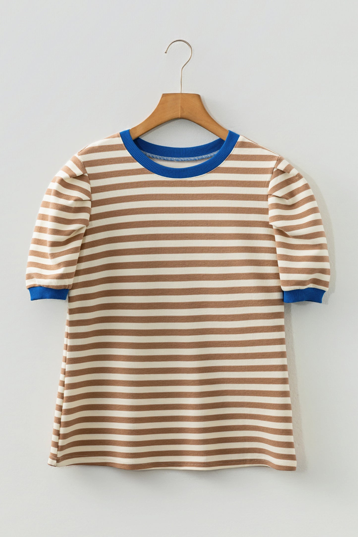 Rose Stripe Short Puff Sleeve Contrast Trim Round Neck Tee