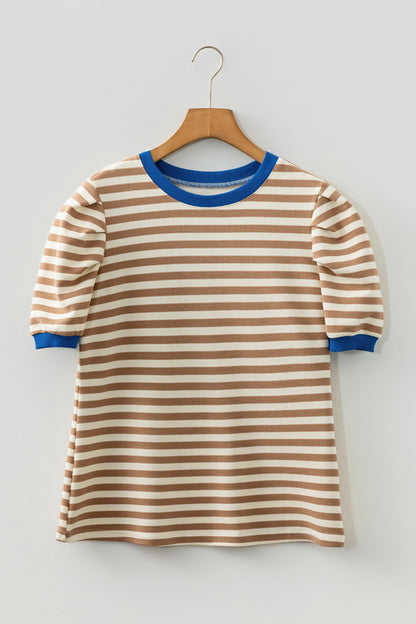 Rose Stripe Short Puff Sleeve Contrast Trim Round Neck Tee