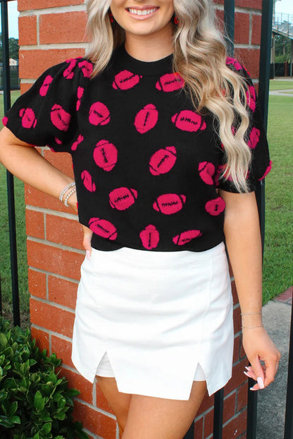 Black Rugby Print Casual Knit Short Sleeve Sweater