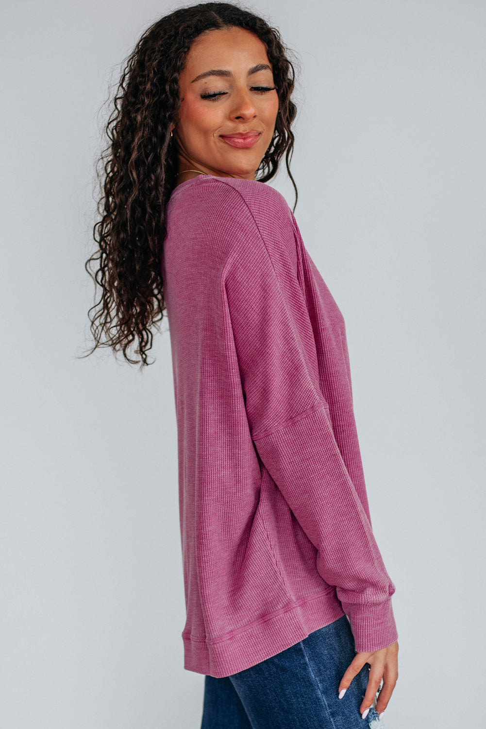 Bright Pink Waffle Knit Patchwork Long Sleeve Loose Top