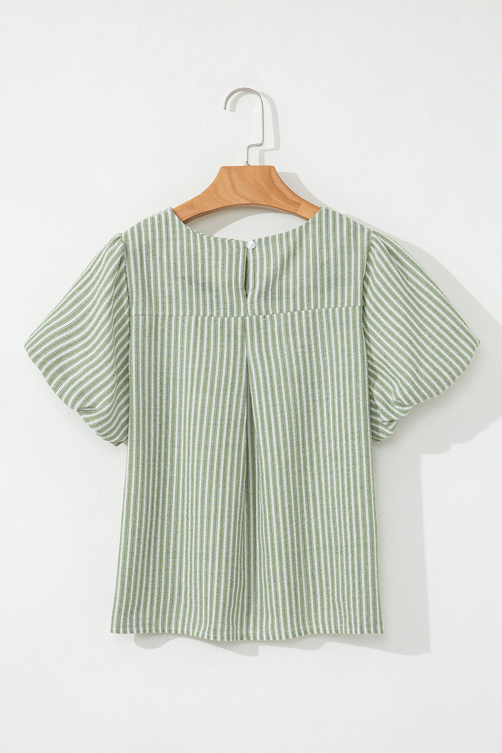 Green Stripe Textured Round Neck Short Puff Sleeve Blouse