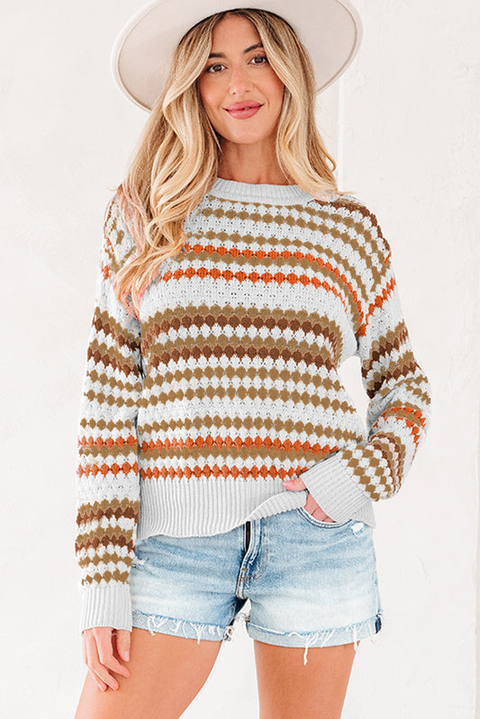 Brown Stripe Eyelet Patterned Drop Shoulder Sweater