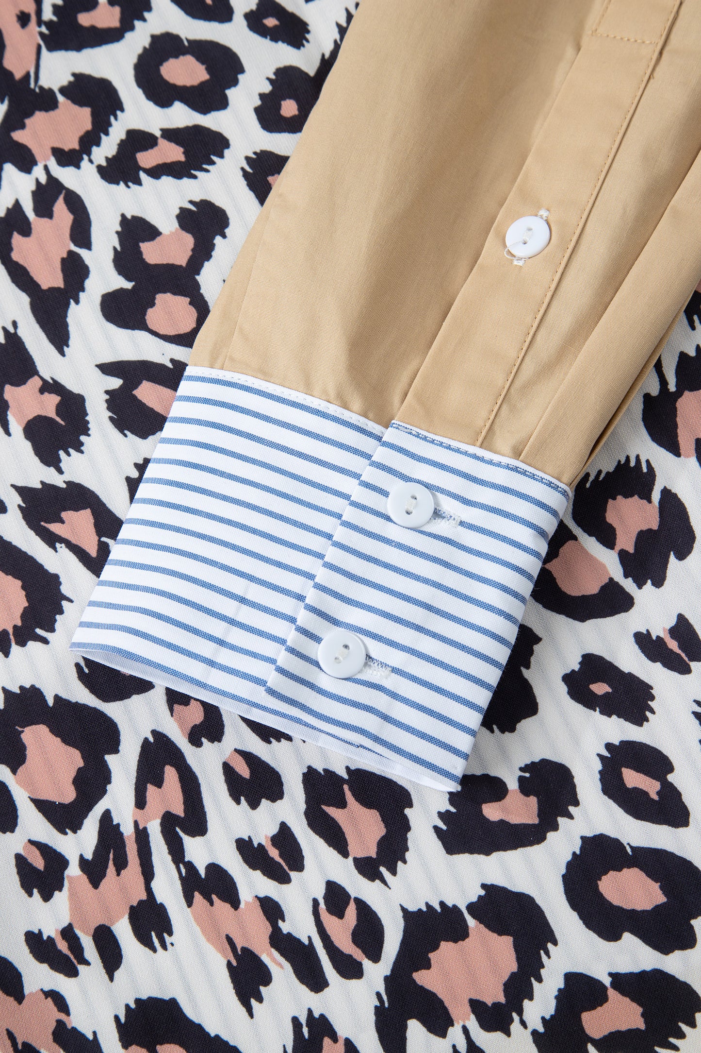 Sky Blue Stripe Colorblock Leopard Patchwork Chest Pocket Cuffed Sleeve Shirt