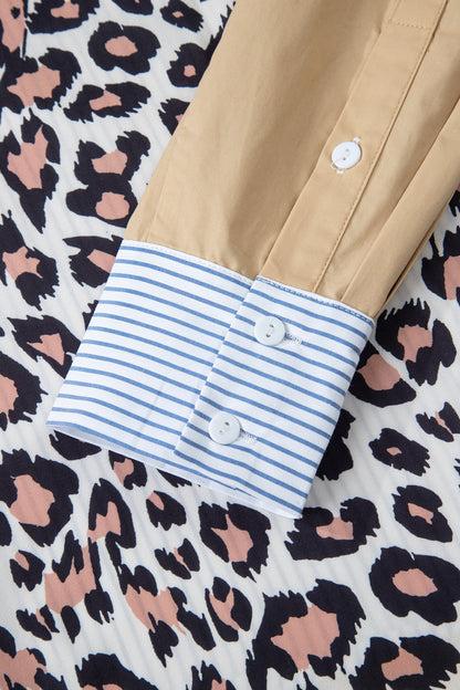 Sky Blue Stripe Colorblock Leopard Patchwork Chest Pocket Cuffed Sleeve Shirt