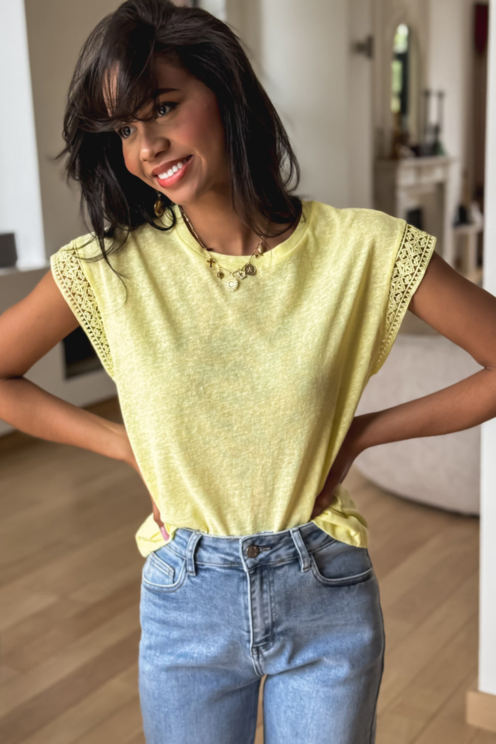 Yellow Cream Lace Patchwork Cap Sleeve Round Neck T Shirt