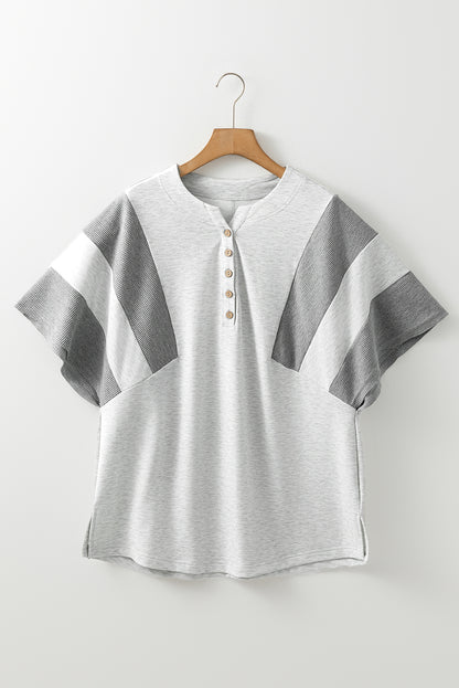 Dearlovers Light Grey Two Tone Contrast Waffle Knit Patched Buttoned V Neck Top