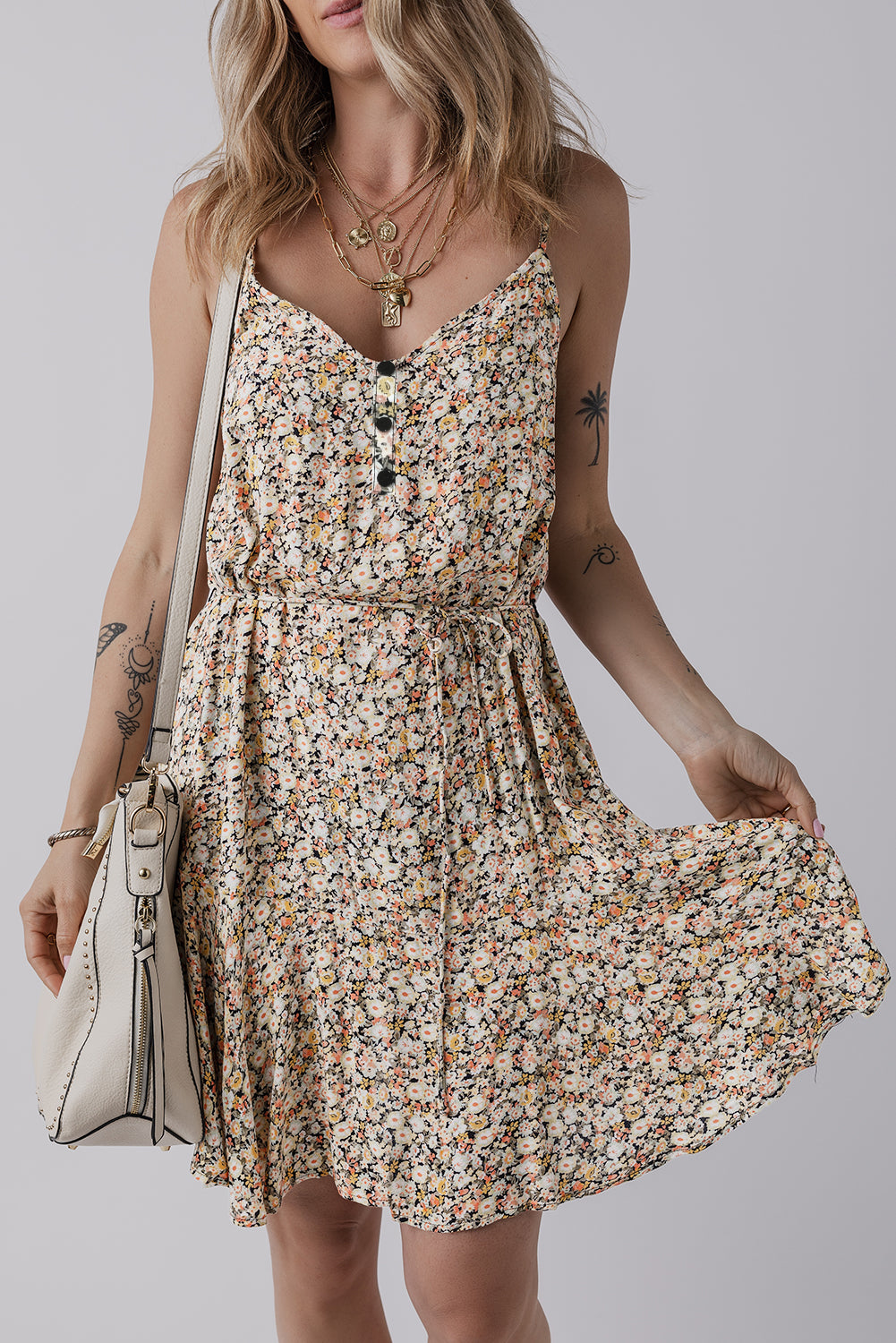 Khaki Boho Floral Printed Tie Waist Flared Sundress