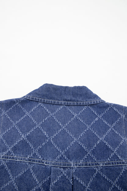 Sail Blue Rhombus Textured Collar Buttoned V Neck Denim Sleeveless Mini Dress