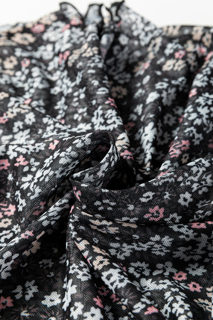 Black Ditsy Floral Mesh Thumbhole Sleeve Slim Fit Top