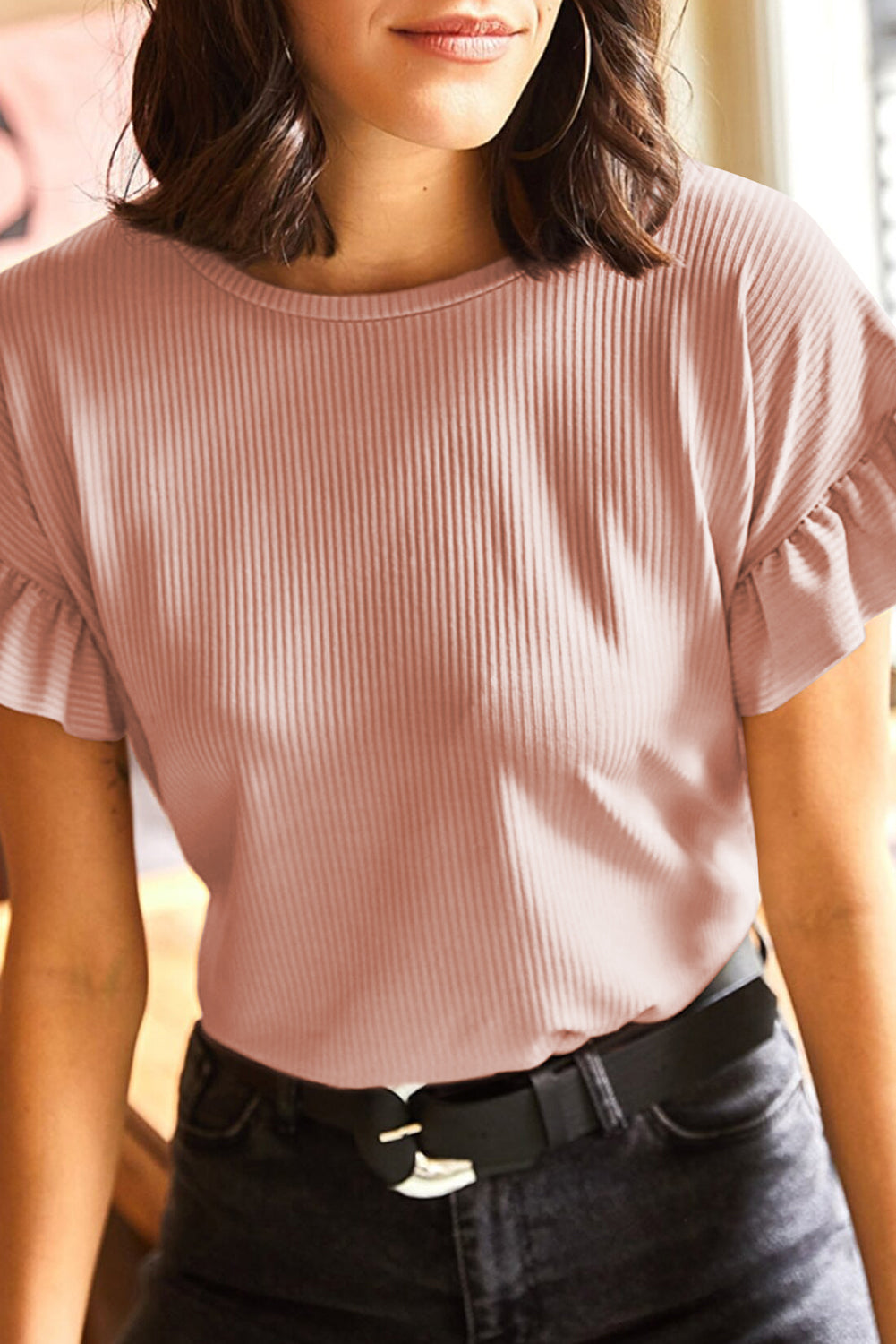 Dusty Pink Solid Color Ribbed Ruffled Short Sleeve T Shirt