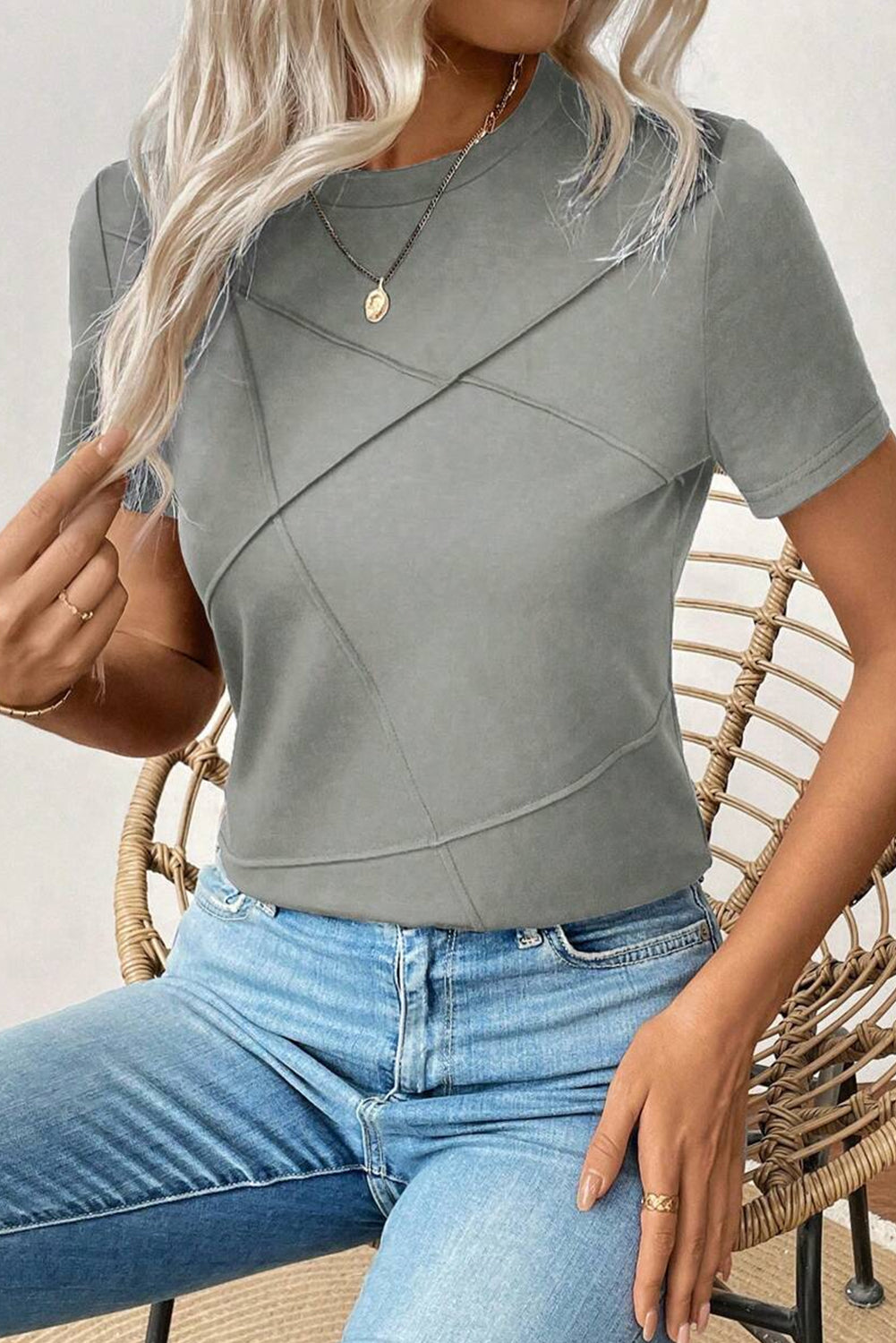 Medium Grey Solid Color Toothpick Stripe Round Neck T Shirt