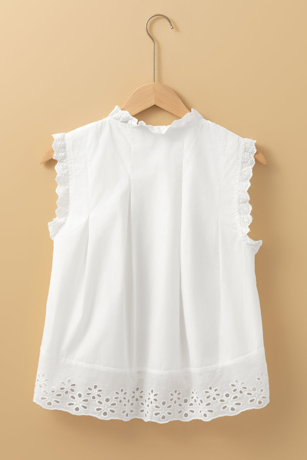 White Solid Color Lace Crochet Eyelets Sleeveless Buttoned Shirt