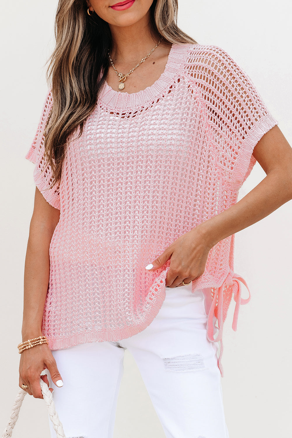 Pink Hollow-out Crochet Side Tied Short Sleeve Sweater