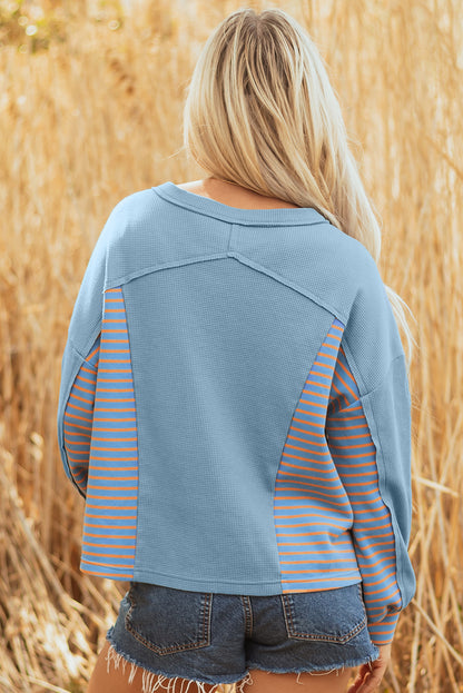 Dusk Blue Exposed Seam Waffle Striped Patchwork Baggy Pullover