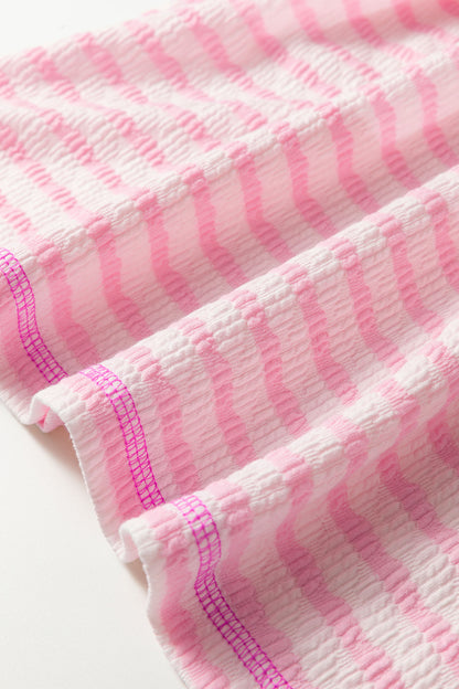 Pink Stripe Textured Knit Split Hem Half Sleeve Loose Top