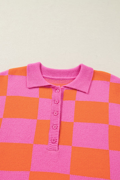 Sachet Pink Checkered Knit Polo Collar Baggy Sweater