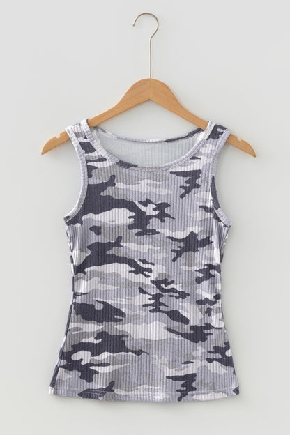 Gray Camouflage Print Ribbed Knit Round Neck Tank Top