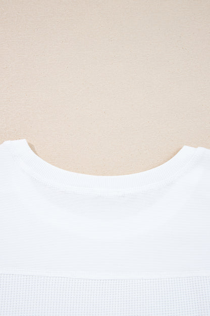 White Solid Color Waffle Ribbed Patchwork Dolman Sleeve Oversize Knit Top