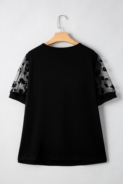Black Floral Mesh Patchwork Loose V Neck Plus Size T Shirt