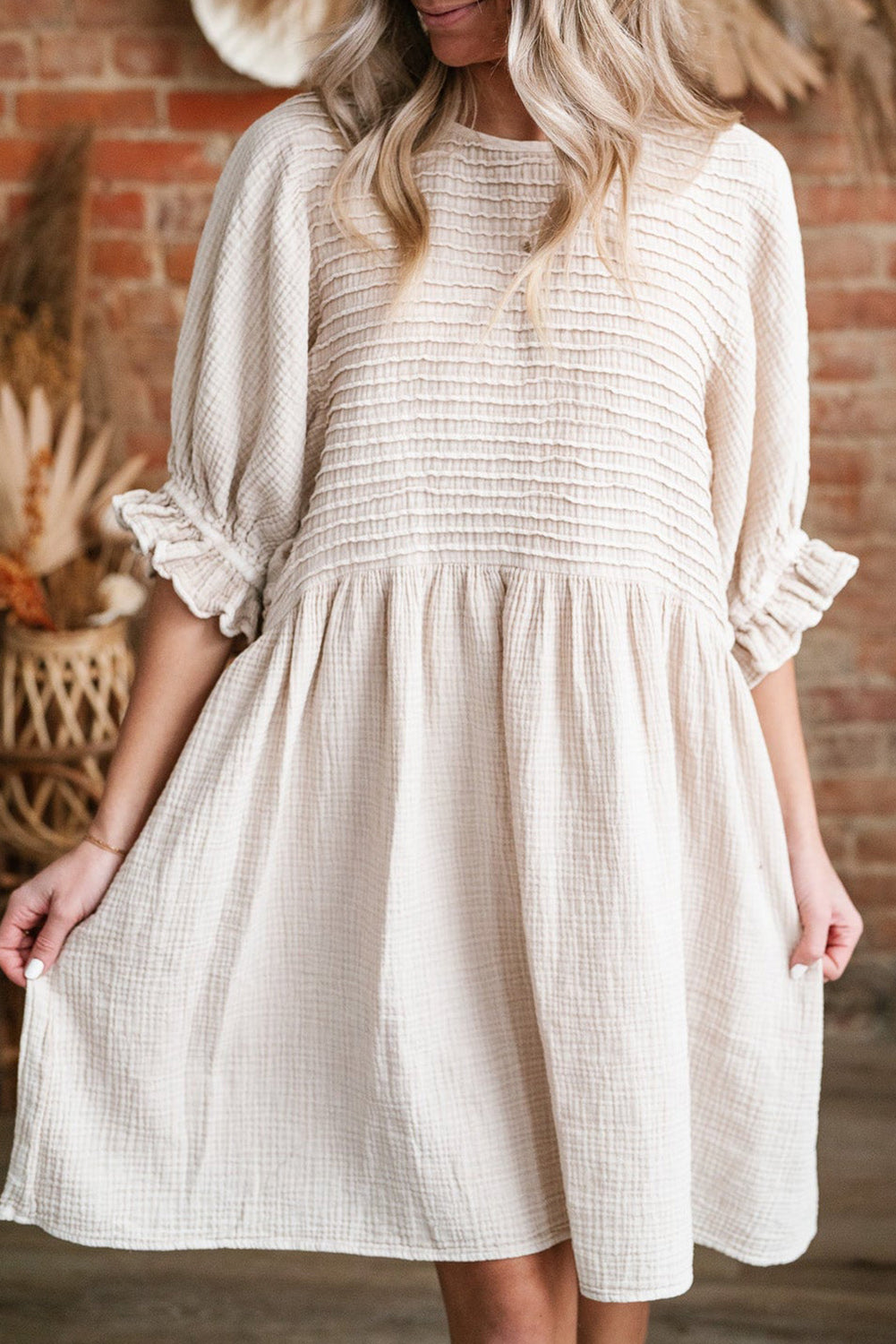 White Textured Ruffled Puff Sleeve Loose Dress