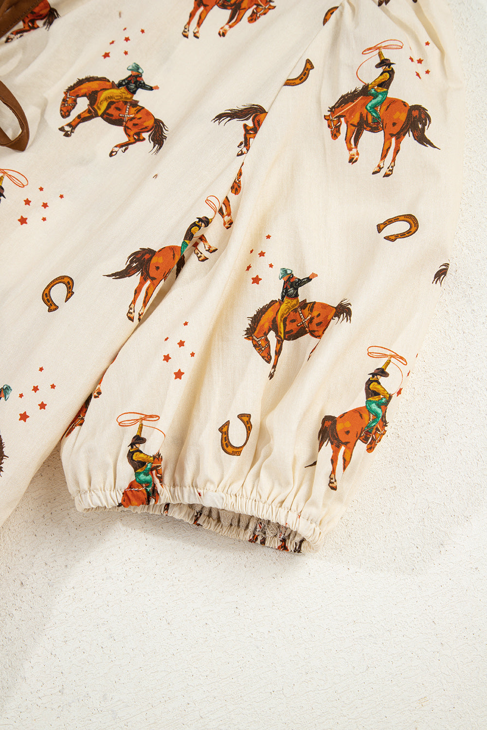 Apricot Cowboy Print Puff Sleeve Bowknot Peplum Blouse