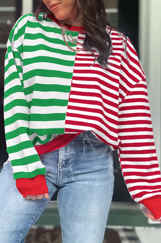 Green Stripe Contrasted Color Block Patchwork Baggy Sweatshirt