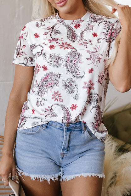 White Vintage Paisley Mock Neck T Shirt