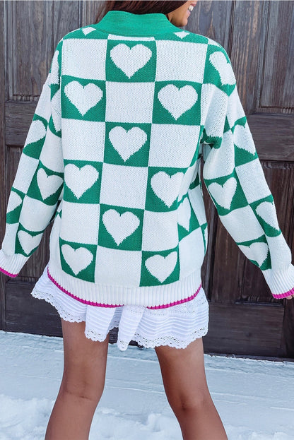 Sea Green Plaid Heart Knit V Neck Button Down Sweater Cardigan