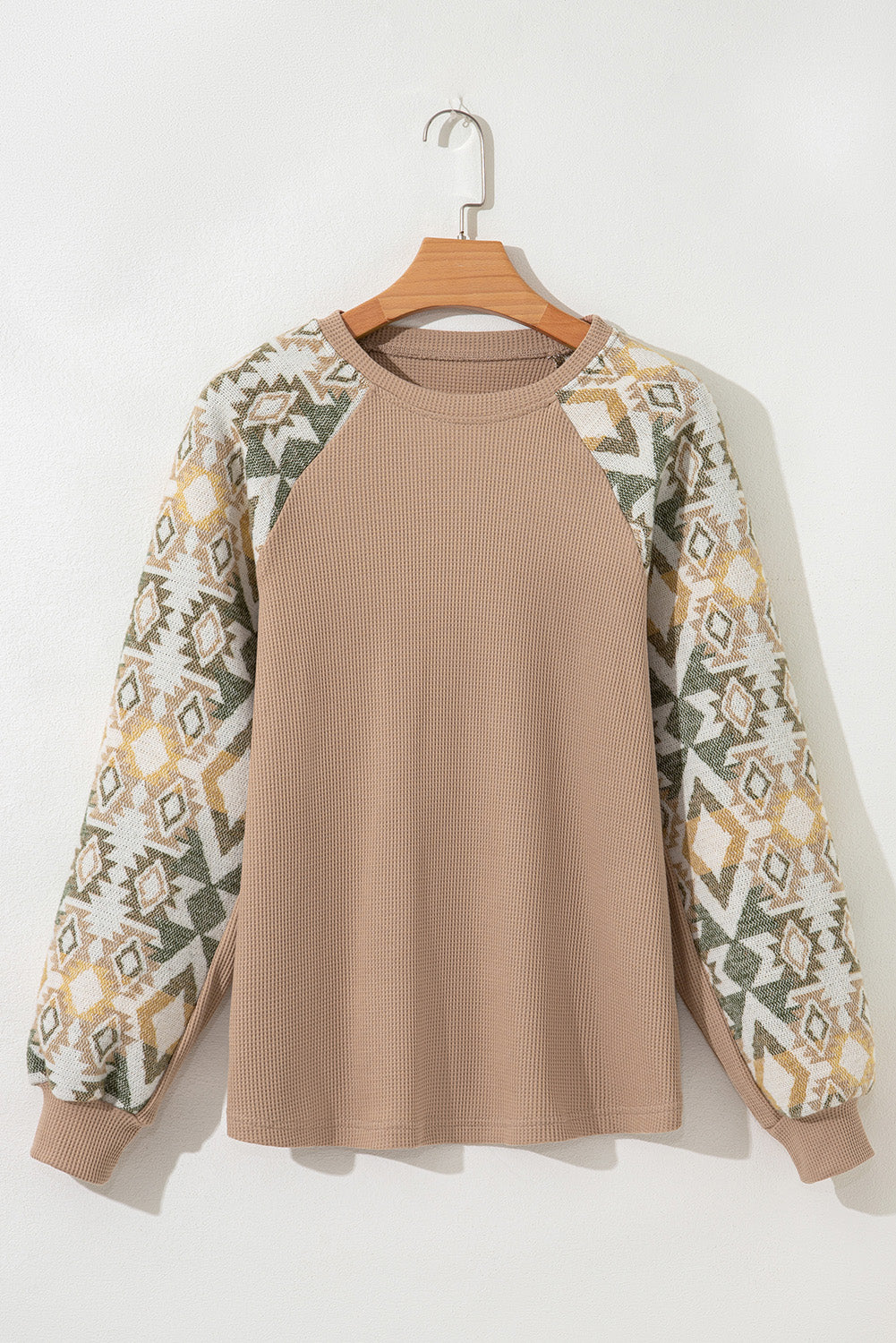 Smoke Gray Waffle Aztec Patchwork Raglan Sleeve Knit Top