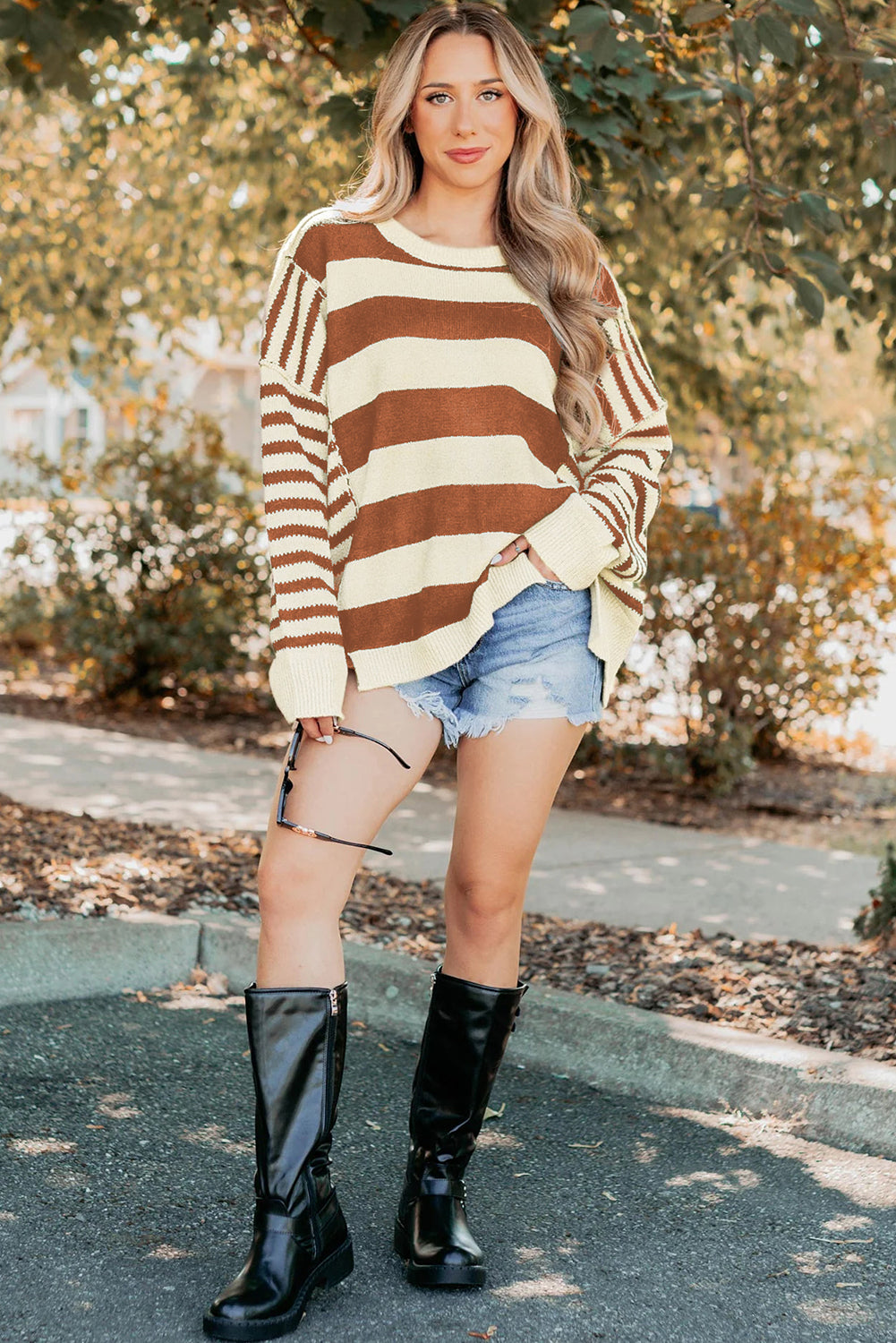 Brown Stripe Drop Shoulder Sleeve Patchwork Baggy Sweater