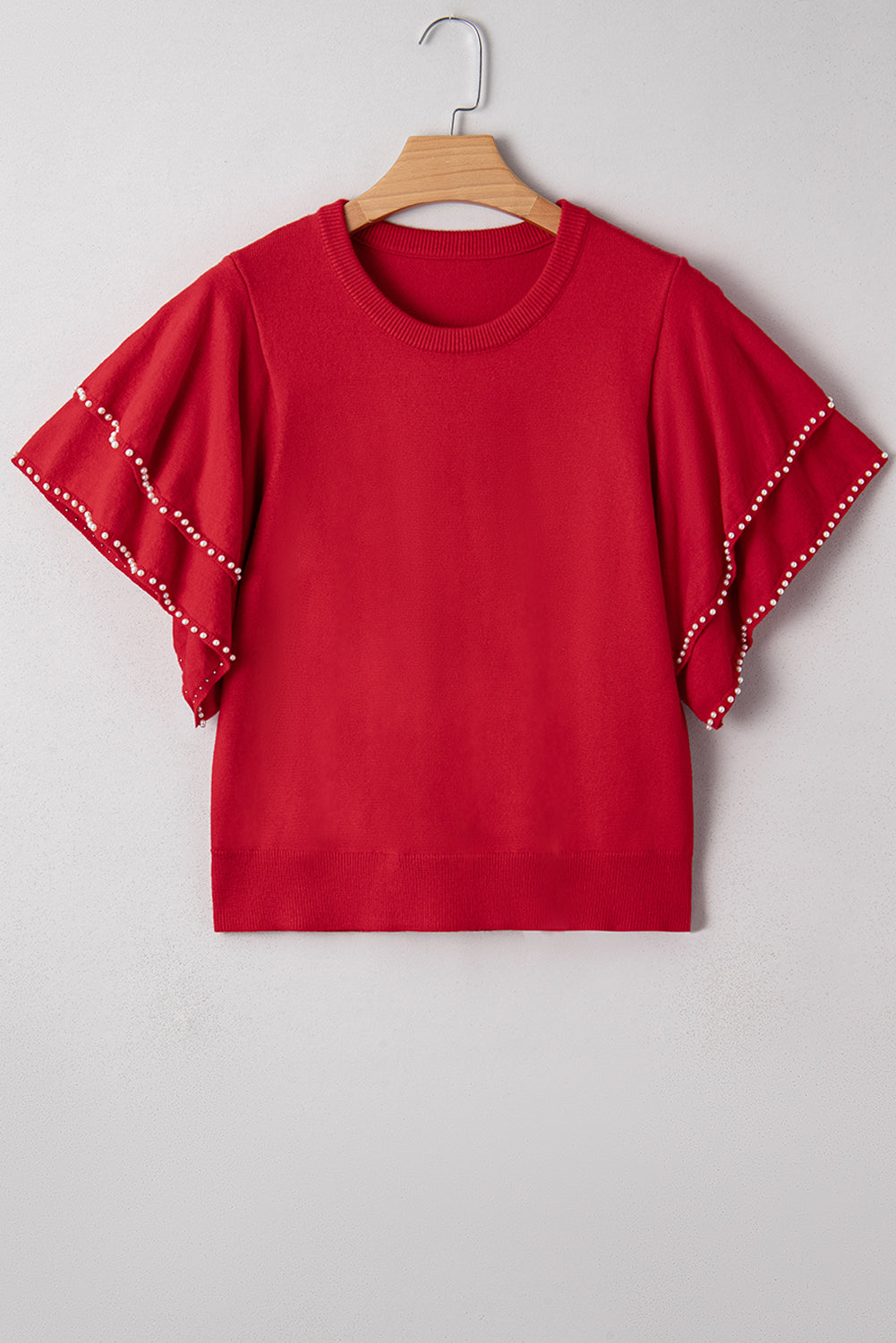 Racing Red Pearl Embellished Double Ruffle Short Sleeve Sweater