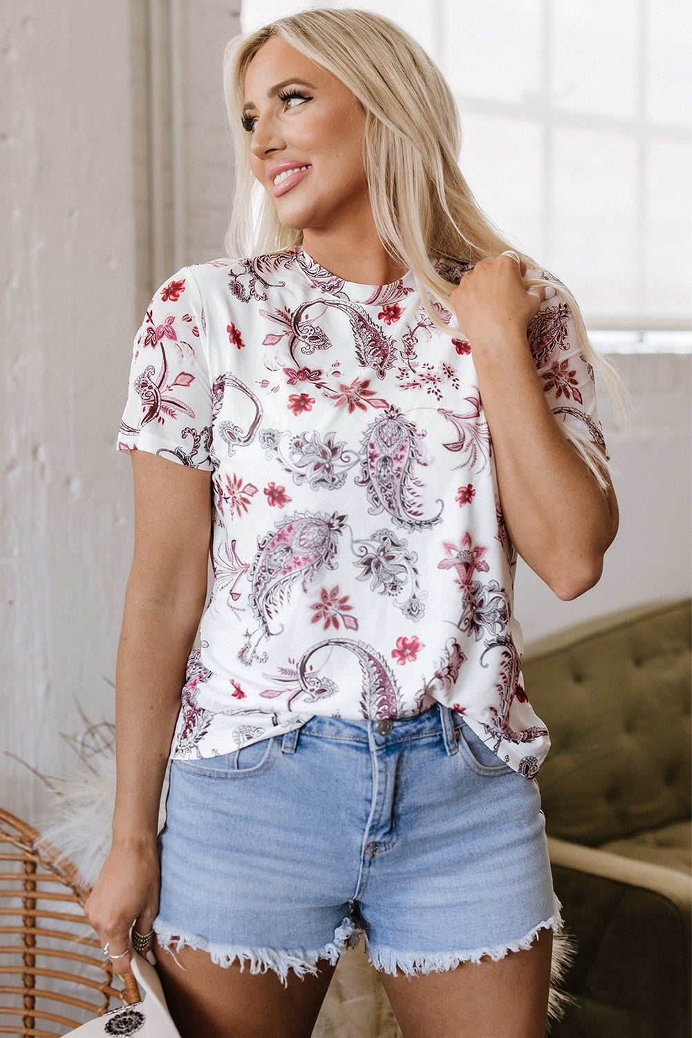 White Vintage Paisley Mock Neck T Shirt
