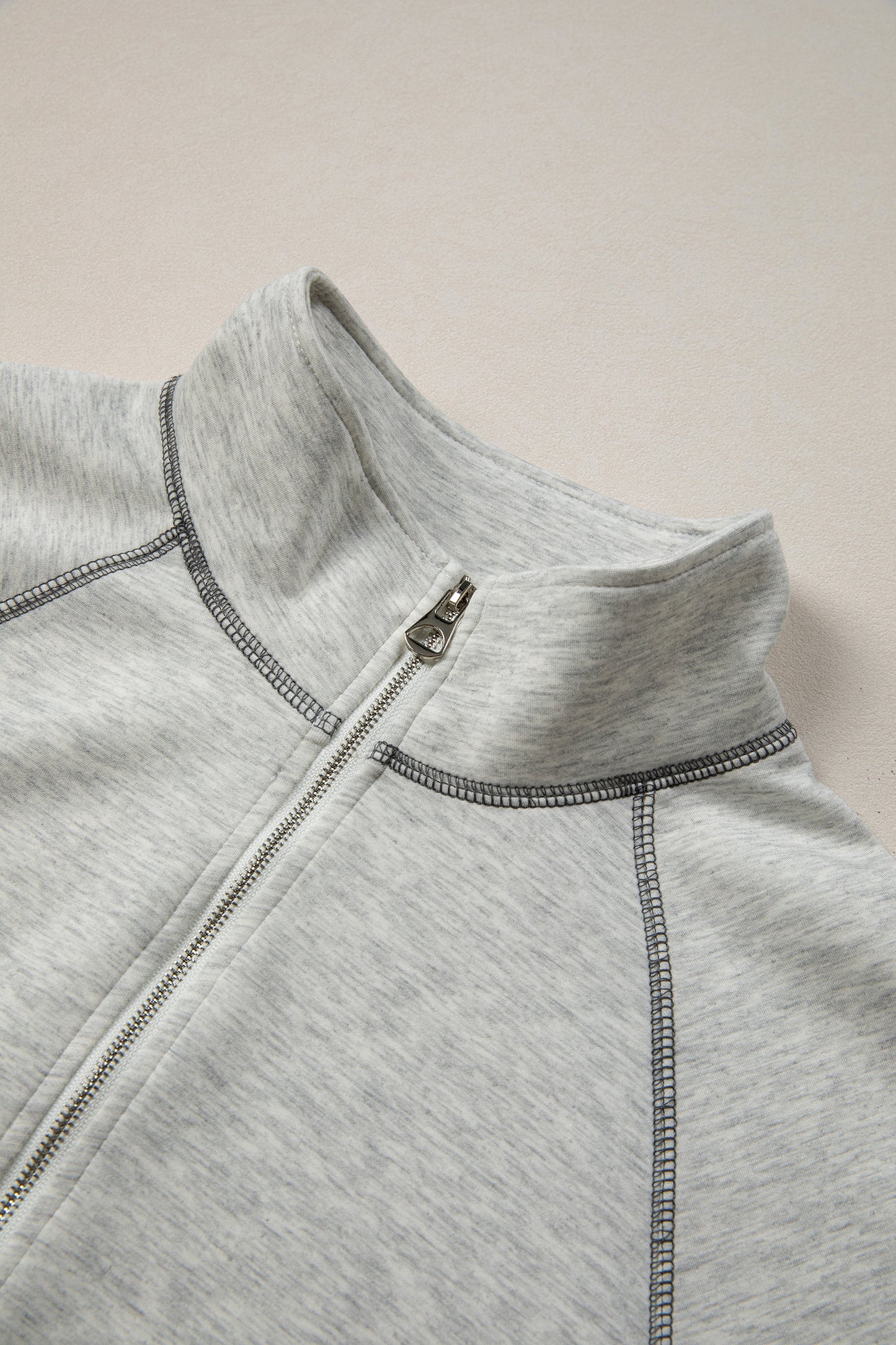 Light Grey Half Zip Stand Neck Seam Detail Long Sleeve Top