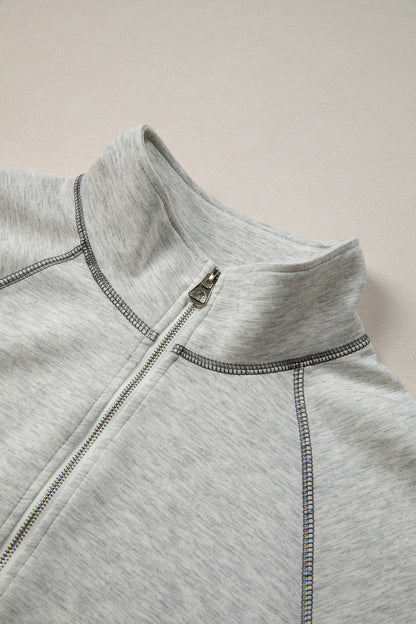 Light Grey Half Zip Stand Neck Seam Detail Long Sleeve Top