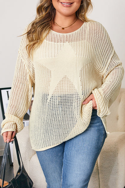 Parchment Hollow Out Knit Star Pattern Accent Plus Size Jumper