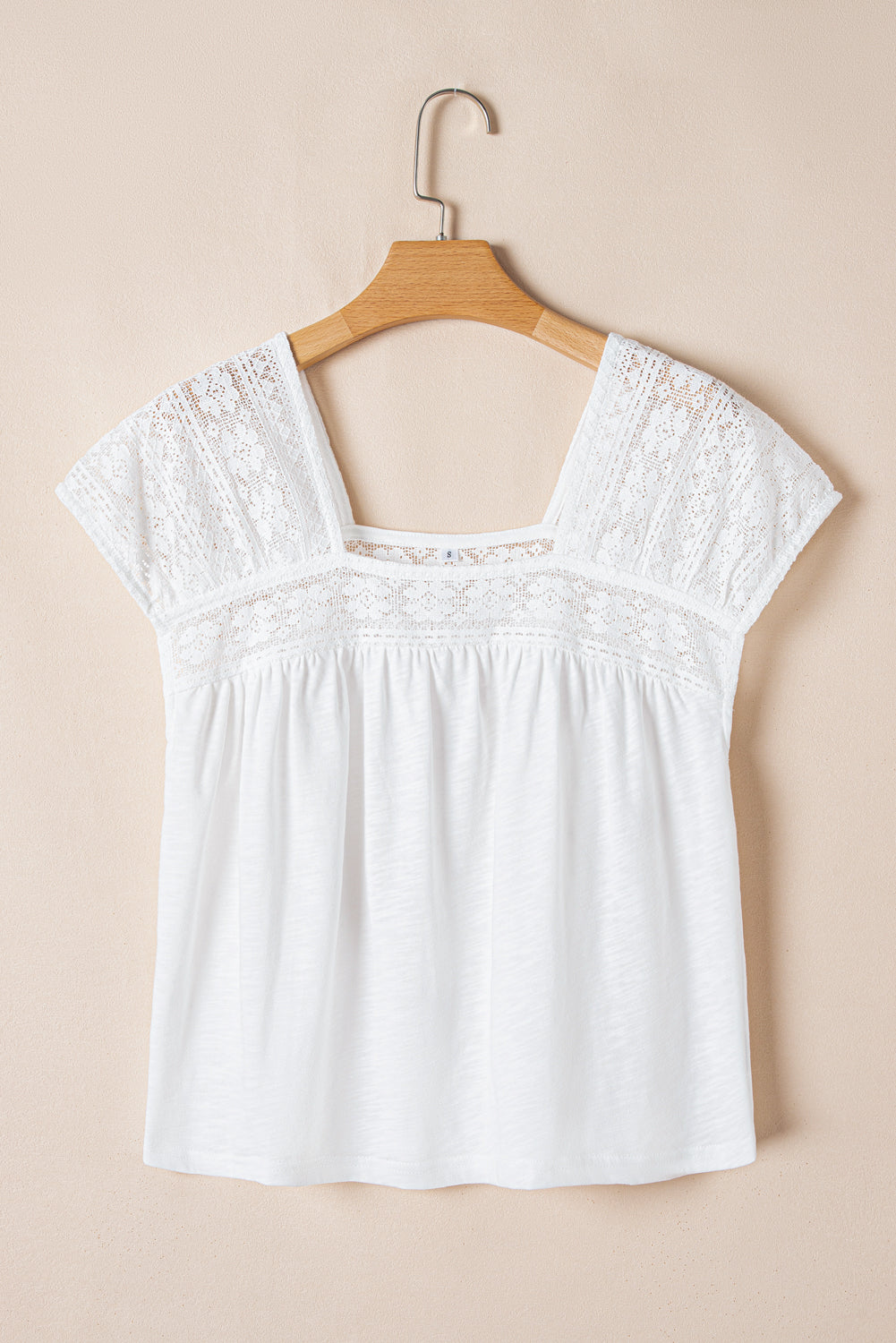White Hollowed Lace Patchwork Square Neck Short Sleeve Blouse