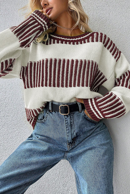 Khaki Two Tone Striped Patchwork Drop Shoulder Loose Sweater