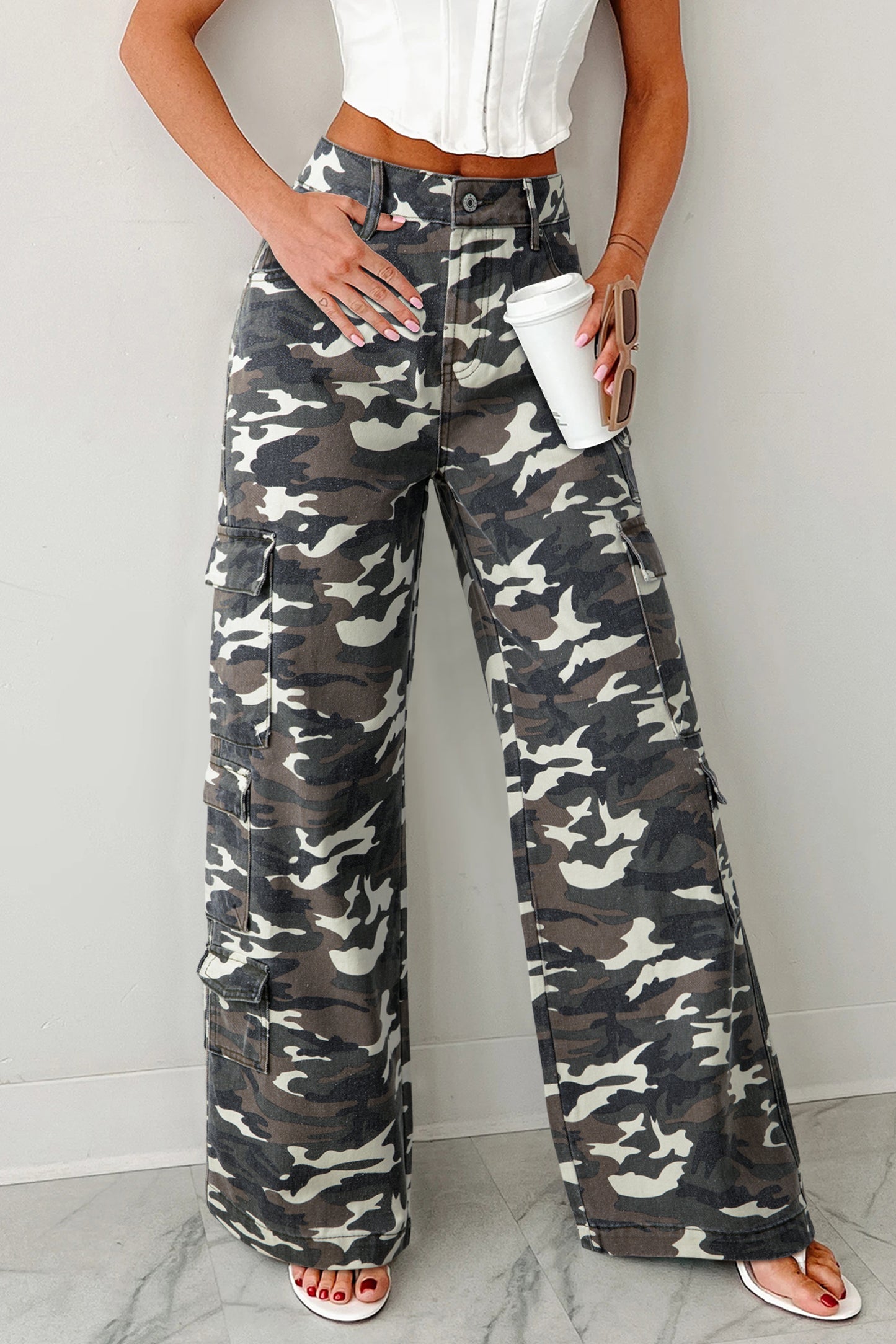 Green Camo Denim Cargo Wide Leg Pants