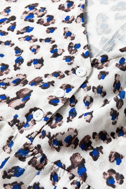Multicolour Leopard Print V Neck Button Detail Long Sleeve Mini Dress