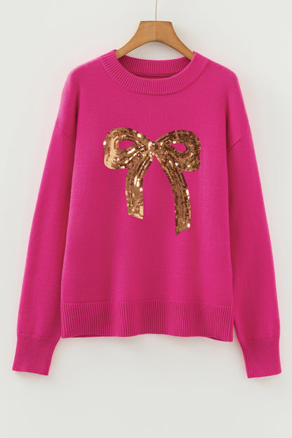 Fiery Red Sequined Bow Graphic Christmas Holiday Sweater