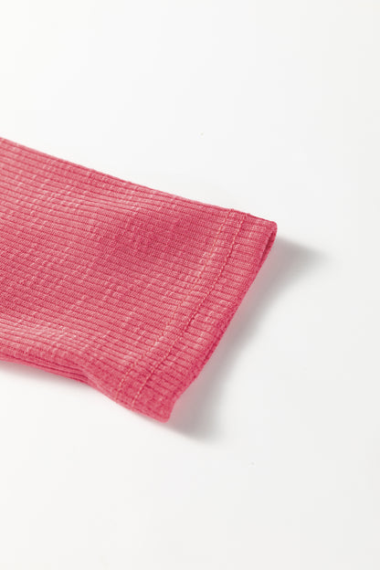 Racing Red Ribbed Texture Contrasted Lace Trim Button V Neck Long Sleeve Top