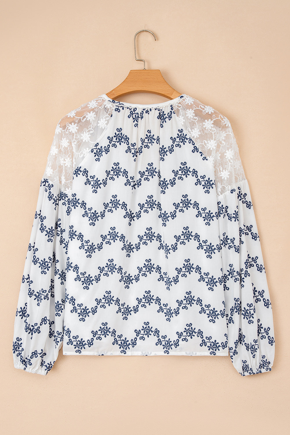 Blue Lace Patchwork Floral Bubble Sleeve V Split Neck Blouse