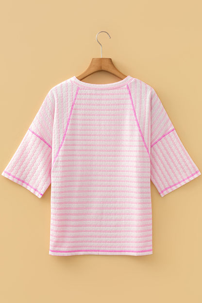 Pink Stripe Textured Knit Split Hem Half Sleeve Loose Top