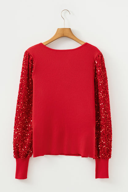Fiery Red Sequin Sleeve Patchwork Ribbing Knit Square Neck Holiday Sweater